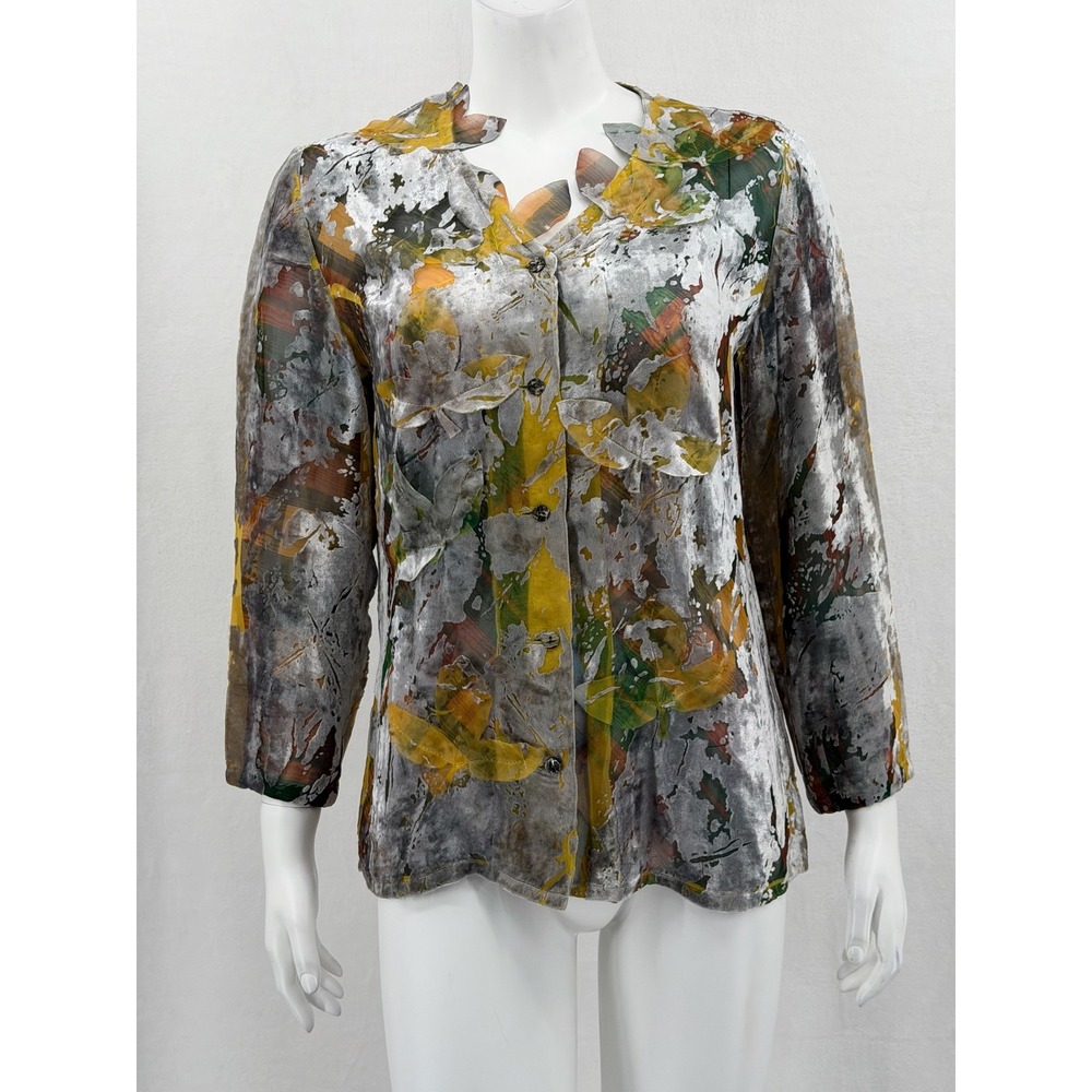 Vintage Yoshiki Hishinuma Top Womens 3 Silver Velvet Burnout Floral Artsy Japan